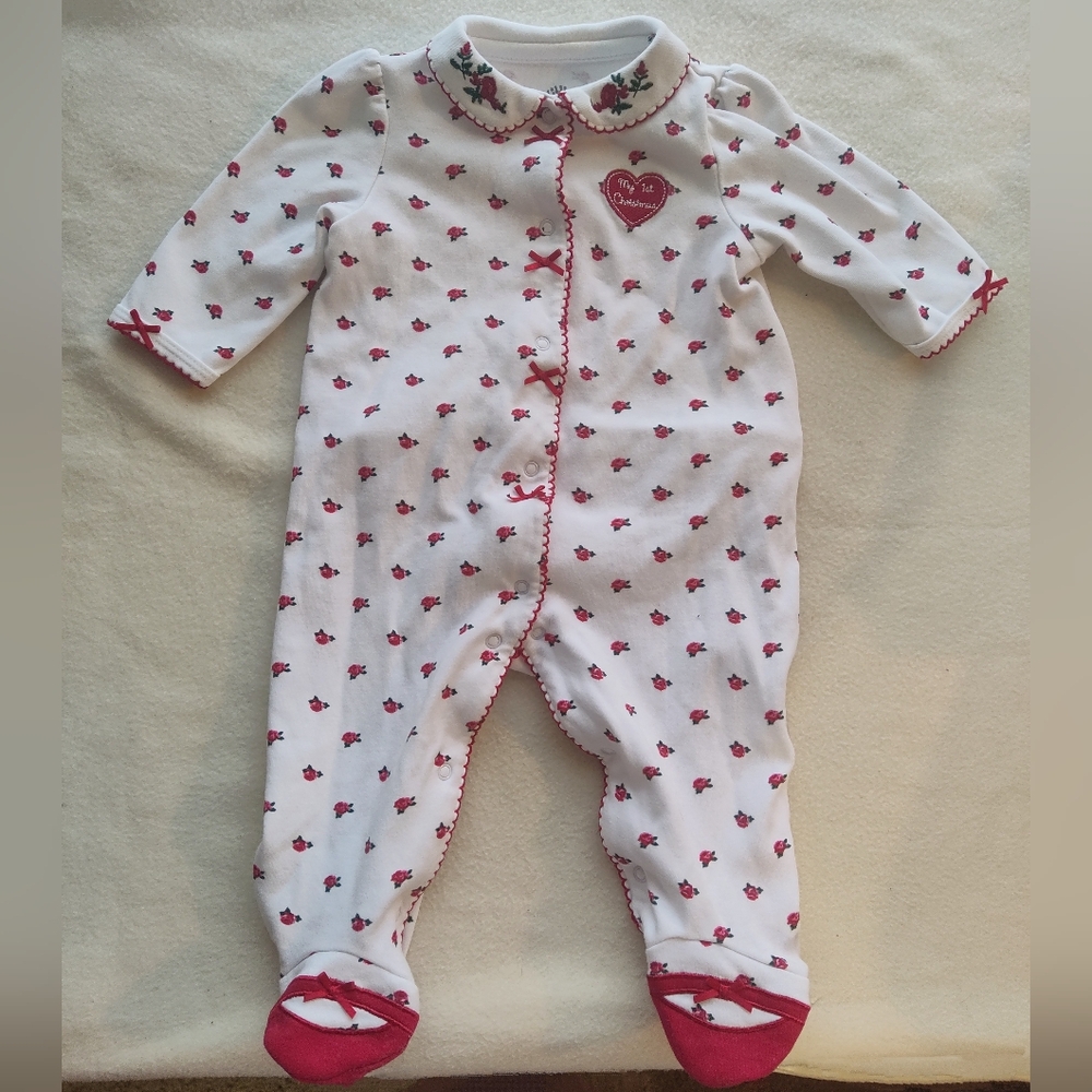 My First Christmas Sleeper Size 6 Months Little Me Floral Red Bows Cute